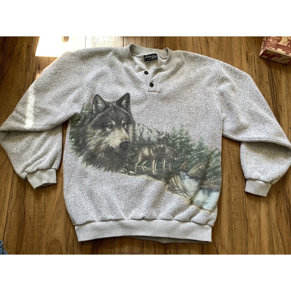 Vintage 90's Quarter Button Sweater Crewneck Wolf in Nature Size Mens L
